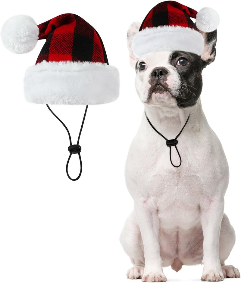 Queenmore Santa Hats for Dogs, Santa Clause Hat for Cats, Pet Soft Plush Christmas Hats for Small Medium Large Dogs, Dog Christmas Costume Headwear, Funny Festive Plaid Costume Outfit M, Red - Image 1